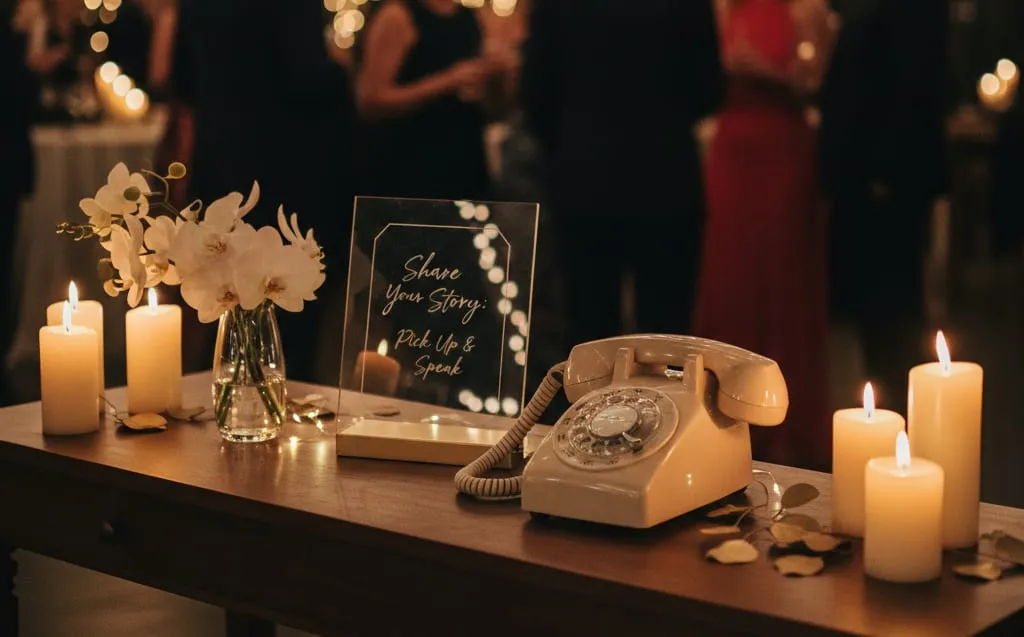 A cream rotary telephone beside an acrylic Share Your Story sign, candles and white orchids on a table at an event.