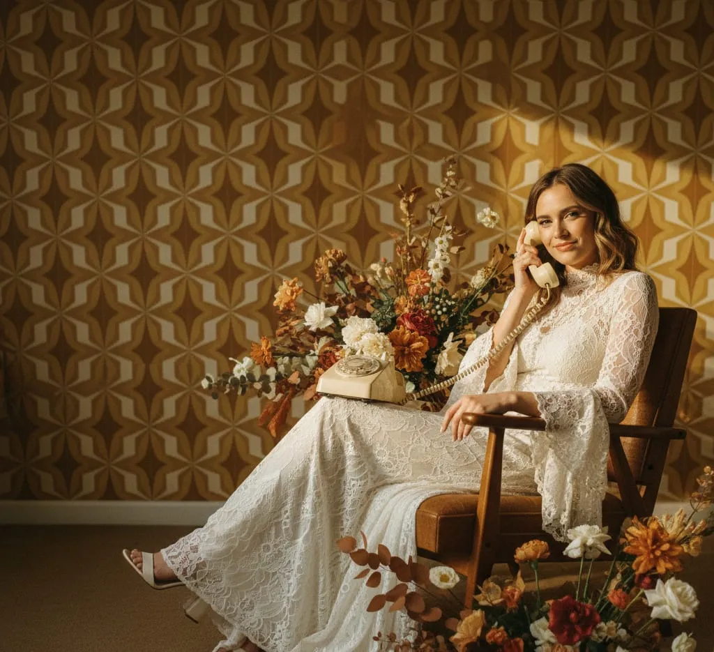 A woman in a white lace dress holds a cream rotary telephone while seated on a retro chair against patterned wallpaper.