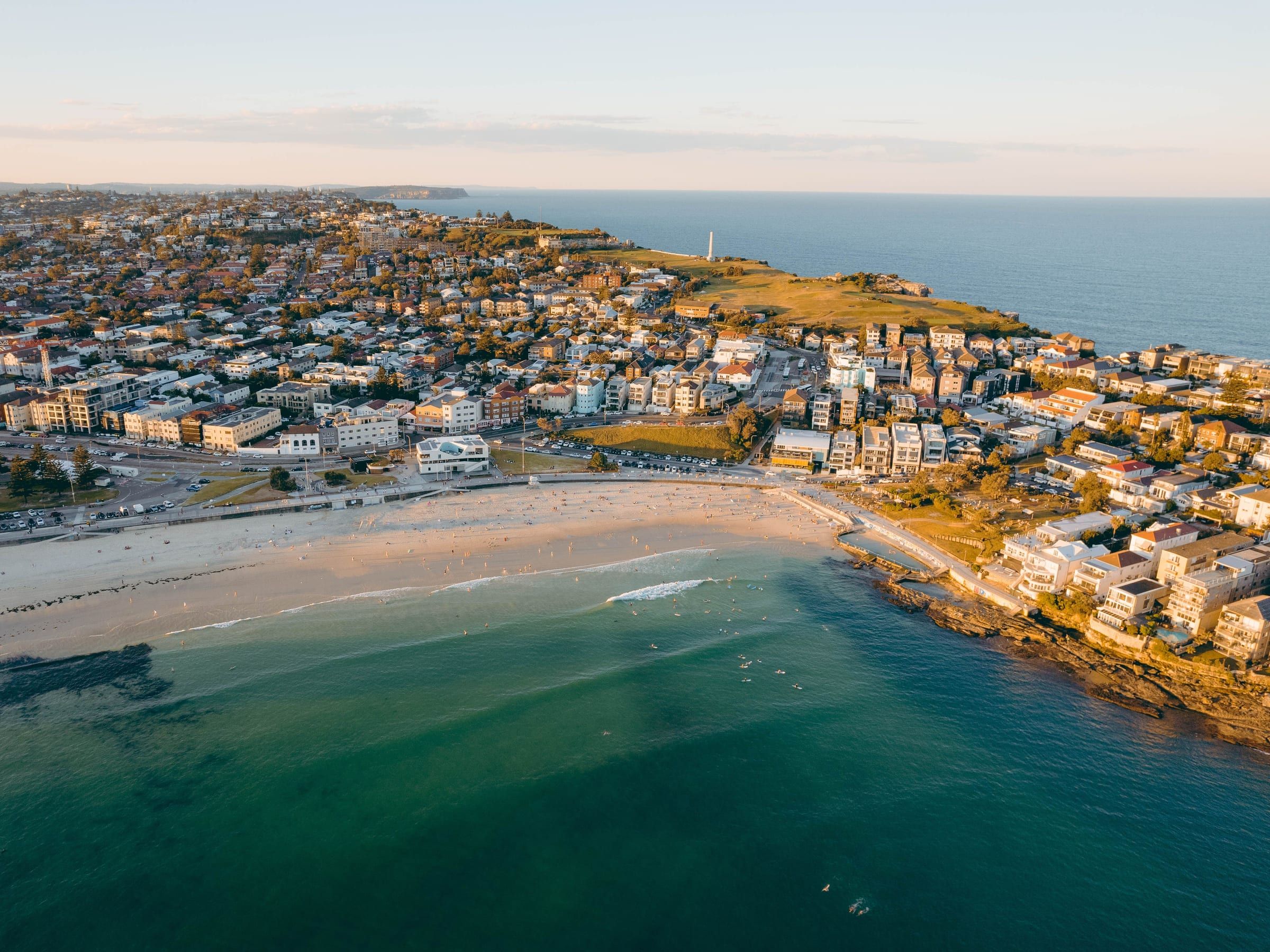 Aerial view of Bondi Beach and North Bondi at sunrise