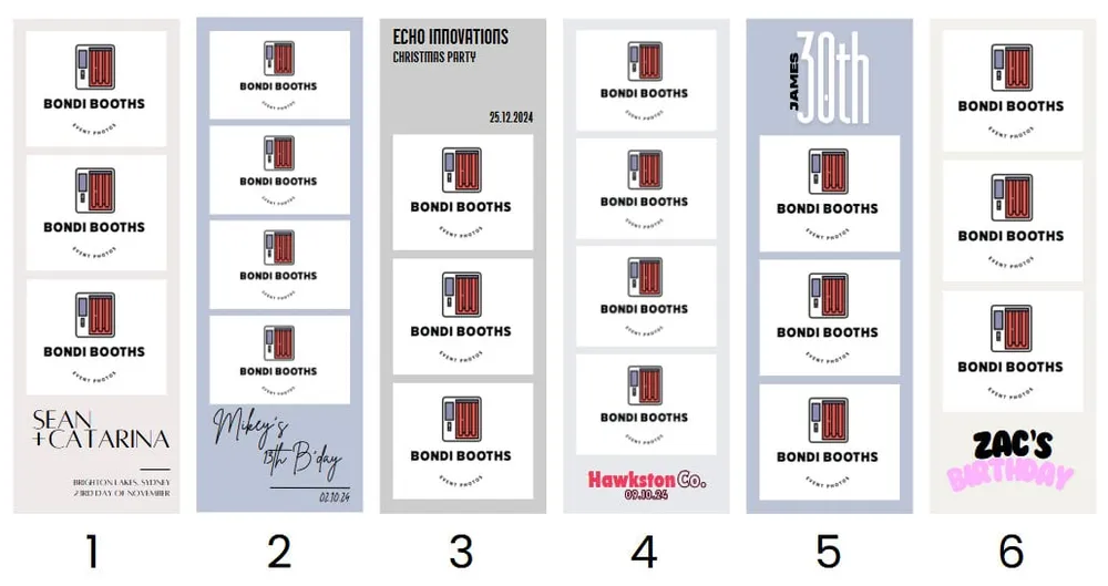 Collage of six Bondi Booths photo strip print templates with placeholder logos and custom event titles.