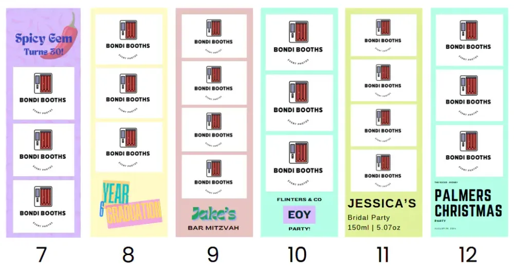 Collage of six colourful Bondi Booths photo strip print templates with placeholder logos and custom event titles.