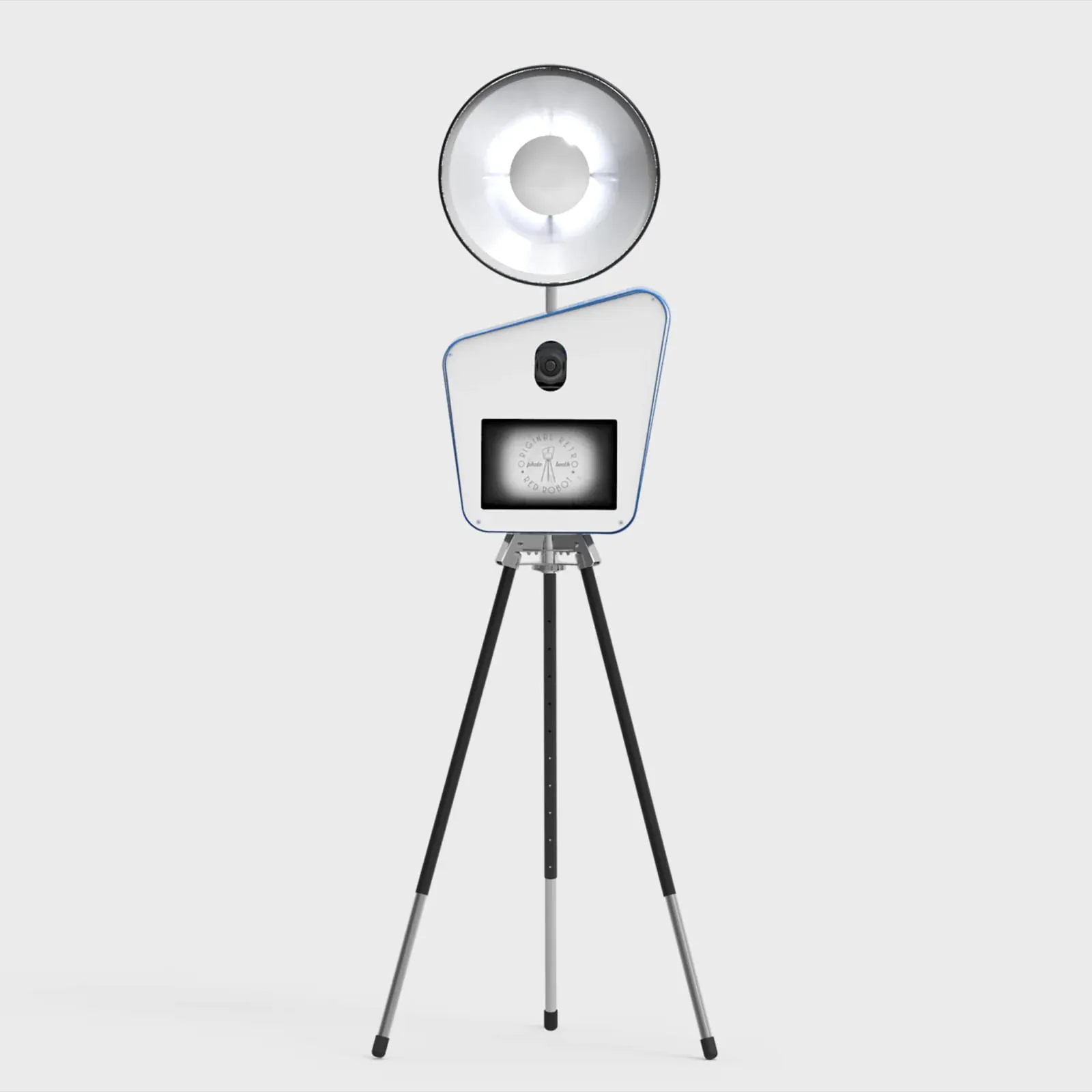 Retro photo booth on a tripod with a large dish ring light and a camera above a small screen.